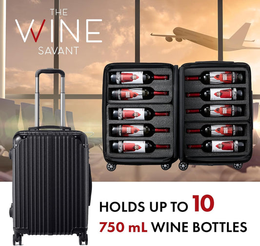 Wine Bottle Suitcase with 4 Expandable Removable Travel Bags | Holds 10 Standard 750 ML Size Bottles | TSA Approved Lock, Wheeled Bag - Airplane Luggage Case to Carry Wine Liquor Alcohol, Gift (23 IN)