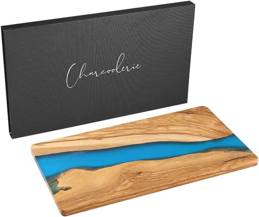 Cheese Board - Olive Wood and Blue Resin - Charcuterie Board Butter Board Serving Platter Hostess Gift in Box - Ethically and Sustainably Sourced from the Mediterranean Standard
